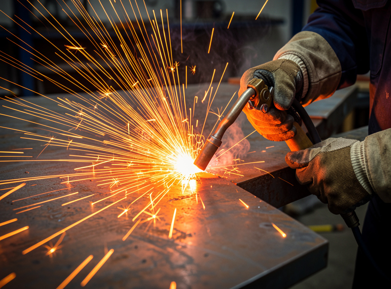 Oxy-acetylene cutting torch slicing through thick steel plate with a shower of sparks