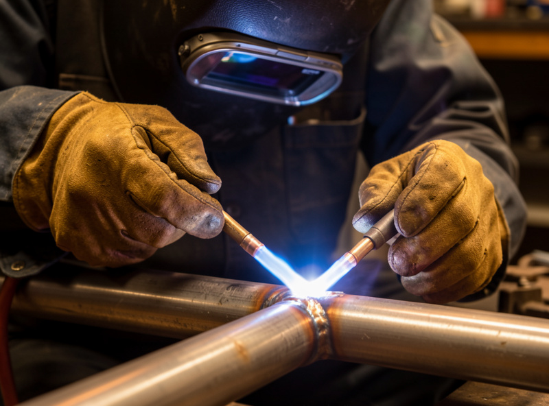 Welder in shade-5 goggles tuning a neutral oxy-acetylene flame on a brazed steel joint