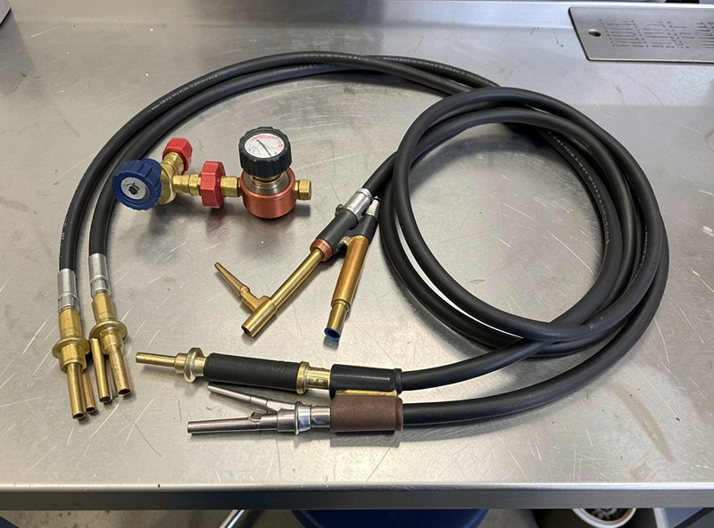 Oxy-acetylene welding outfit components laid out: regulators, twin hose, torch handle, welding tips, striker