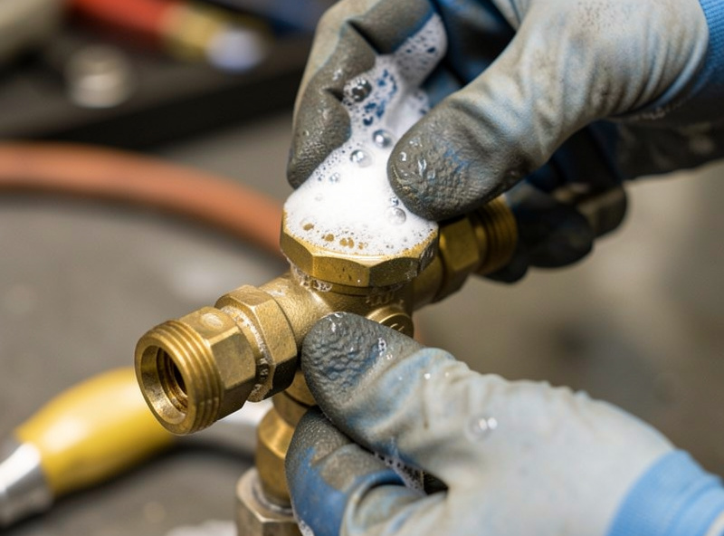 Hands brushing soapy water onto an oxy-acetylene regulator fitting to leak-check for bubbles
