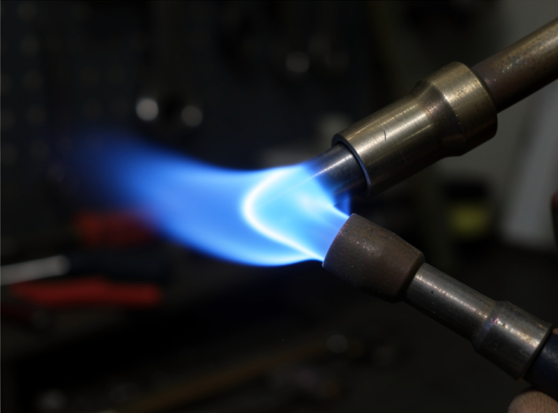 Sharp blue neutral oxy-acetylene flame with rounded inner cone burning at the torch tip