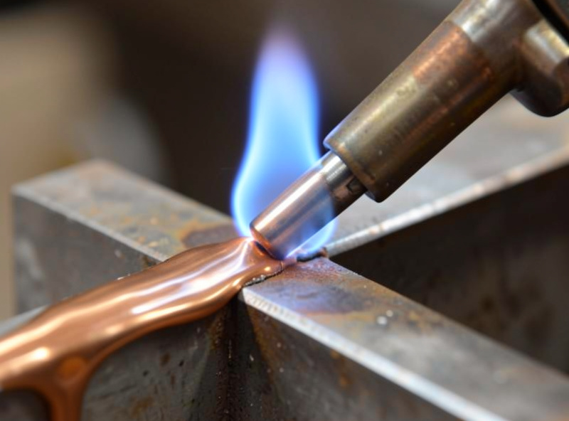 Oxy-acetylene torch brazing a steel joint, molten bronze filler flowing into the seam