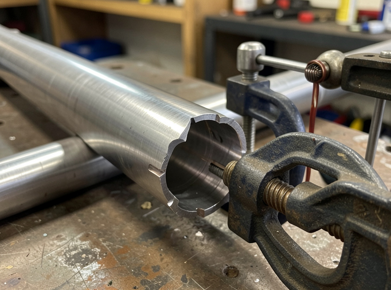Fishmouth-notched steel tube clamped tight to its mating tube on a welding table