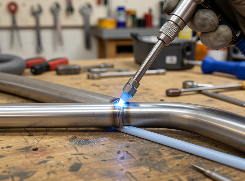 TIG welding a stainless steel tube joint with an argon backpurge line attached