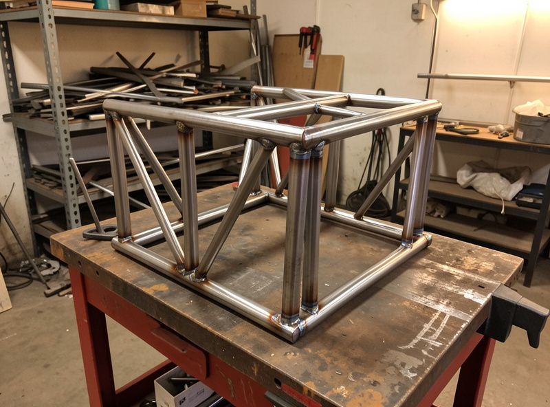 A tacked steel tube frame held in a fabrication jig before final welding