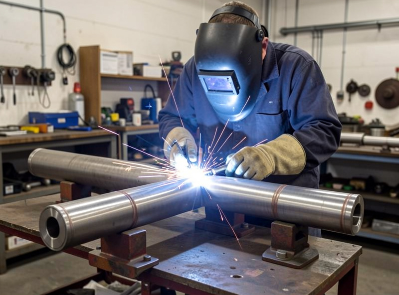 A welder rotating a horizontal pipe on rollers to keep the weld in the flat position