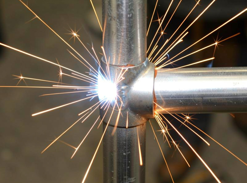 Close-up of a fixed horizontal pipe joint being welded vertically up the side in the 5G position