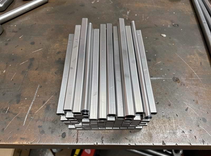 A stack of short steel tube practice coupons welded in different positions on a workshop bench
