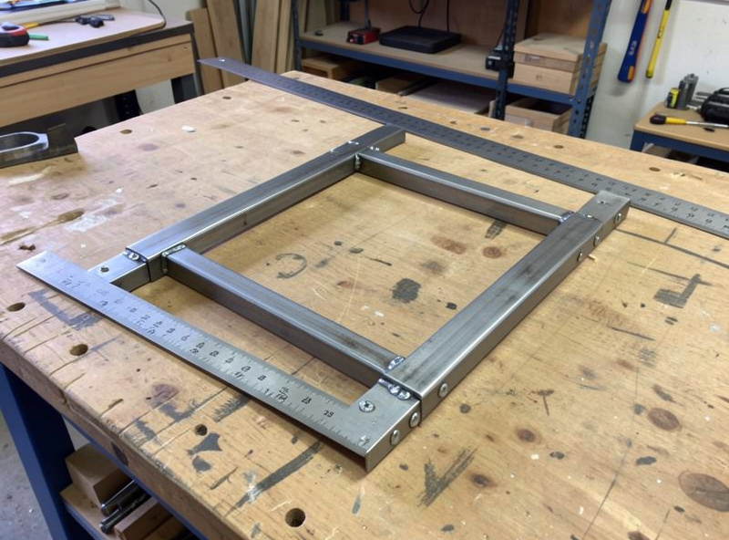 A steel tube frame fully tacked and being checked for square with a framing square before final welding