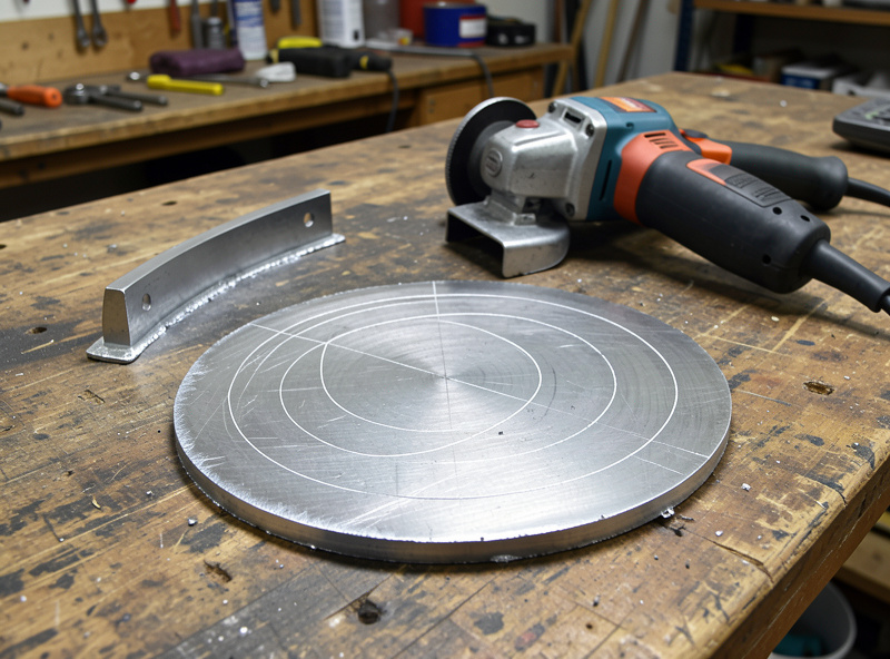 A freshly plasma-cut steel circle and curved bracket on a workshop bench beside an angle grinder with clean cut edges
