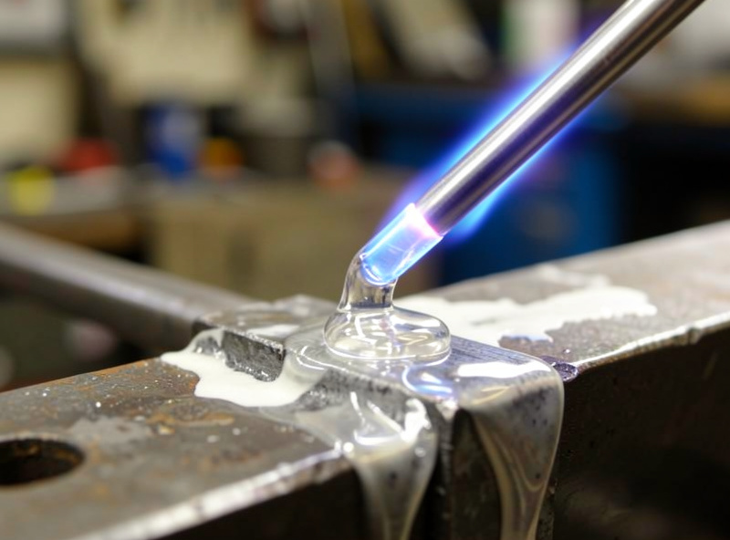 Silver brazing rod flowing bright liquid silver filler into a steel joint with glassy flux