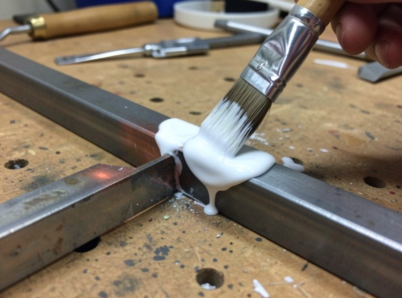Brush applying white silver-brazing paste flux onto a clean steel joint before heating