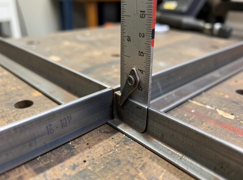 A machinist square checking a 90 degree corner of clamped steel angle iron
