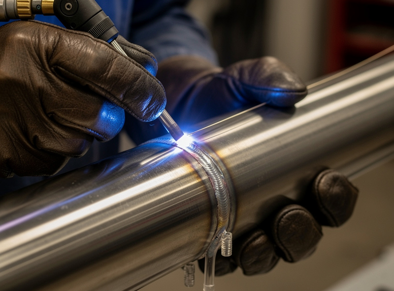 Welder backpurging a stainless steel tube with argon gas on the root side during a TIG weld to prevent sugaring and oxidation