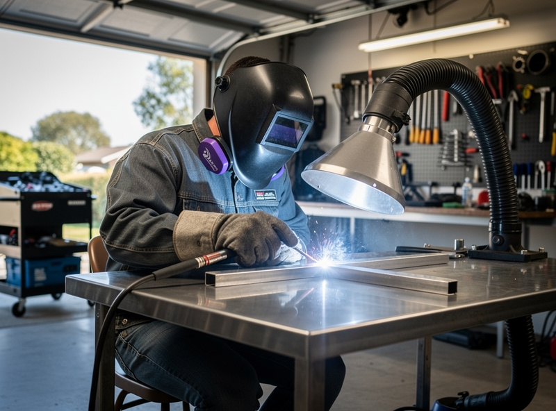 Home welder wearing a P100 respirator while TIG welding stainless steel with a fume extractor arm positioned close to the weld