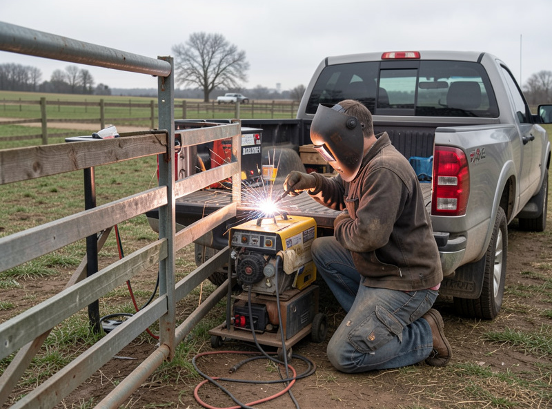 Welder repairing a farm gate on location beside a pickup truck with a portable welder