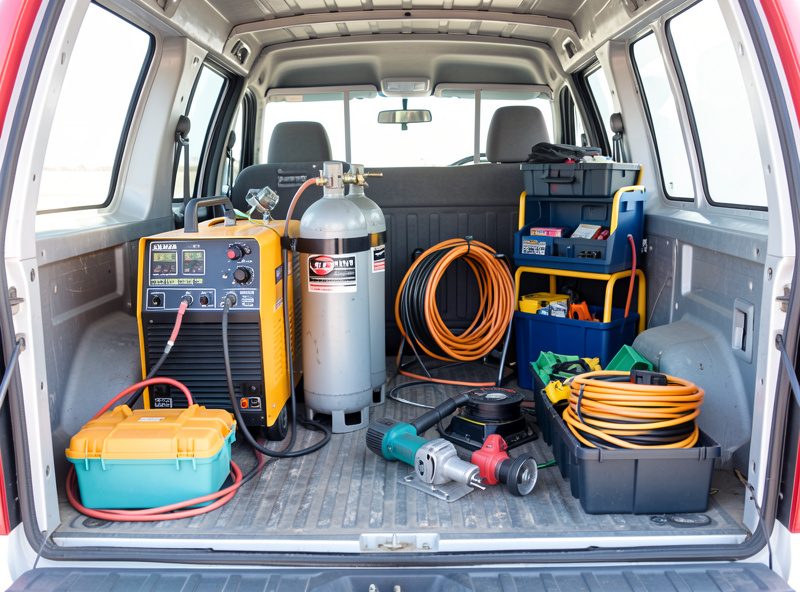 Organized mobile welding setup in a truck bed with secured gas bottle and tools