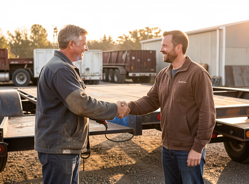 Welder shaking hands with a customer beside a repaired steel trailer