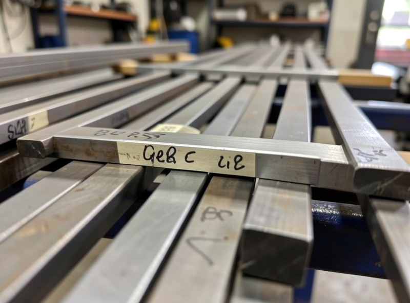 Assorted steel stock bars and plate on a workshop rack with grade markings, natural light