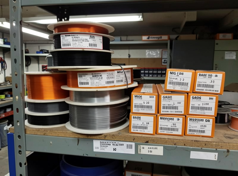 Spools of MIG wire and stick electrodes labelled by grade on a welder's shelf
