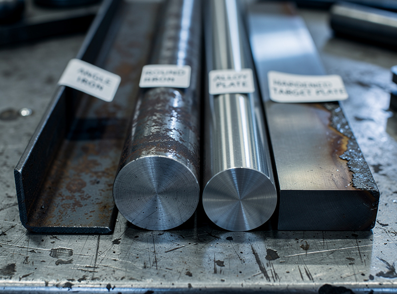 Four labeled steel samples on a welding bench - A36 angle, 1018 round bar, 4140 plate, and AR500 target plate - showing different surface finishes