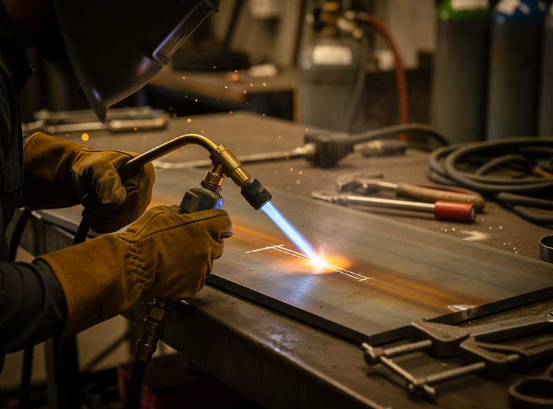 Welder preheating a 4140 chromoly steel plate with a propane torch before welding, temperature crayon mark visible on the metal surface