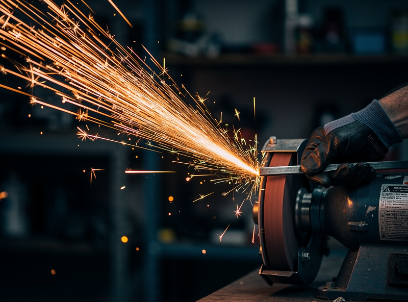 Spark test comparison on a bench grinder showing the long yellow spark stream of mild steel versus the short bright bursts of high-carbon alloy steel