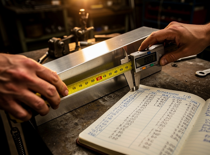Home welder measuring a steel bar with a tape measure and calipers while writing weight calculations in a notebook on the workbench