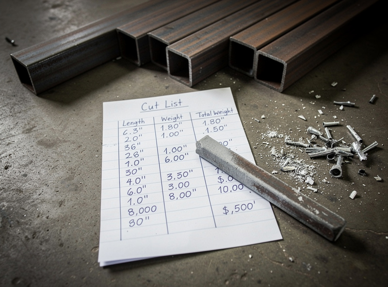 Cut list and weight calculations written on paper next to lengths of square steel tubing laid out for a welding cart project