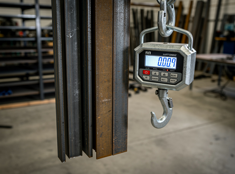Lengths of steel square tubing and flat bar weighed on a hanging scale in a workshop to verify a weight calculation