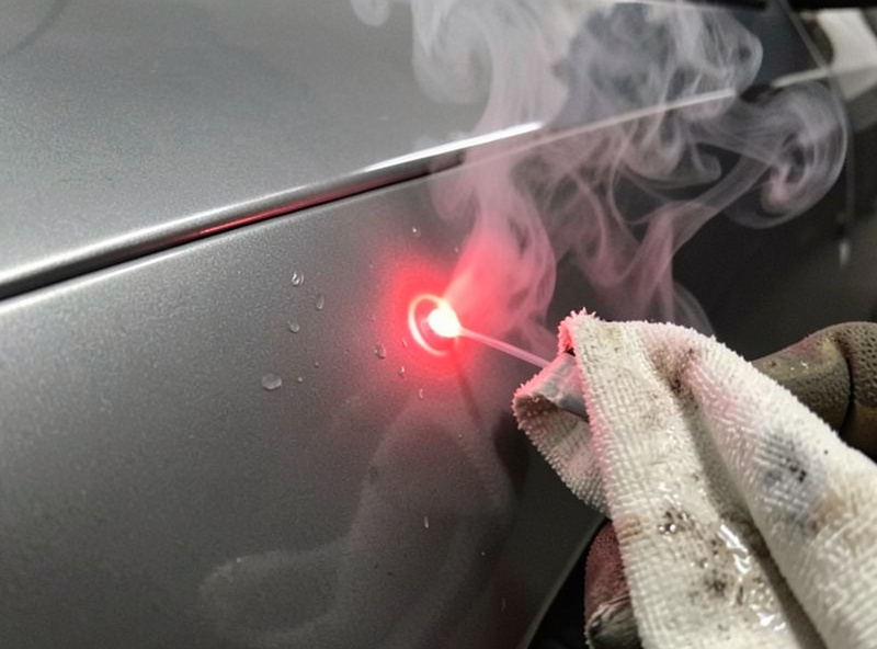 Heat shrinking a bulge in a car body panel with focused heat then a wet rag quench