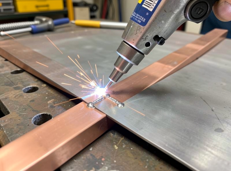 MIG gun placing small stitch tack welds along thin sheet steel over a copper backing bar
