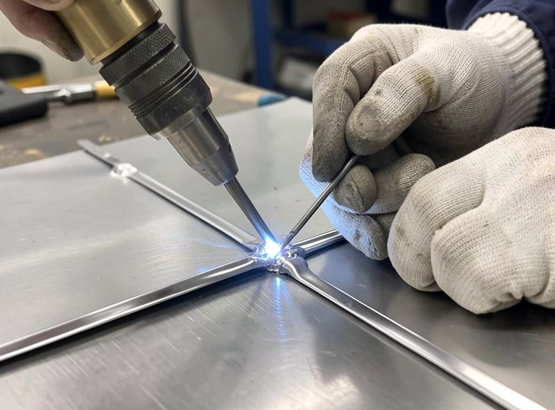 TIG torch welding a thin stainless sheet seam with filler rod and a tight controlled puddle