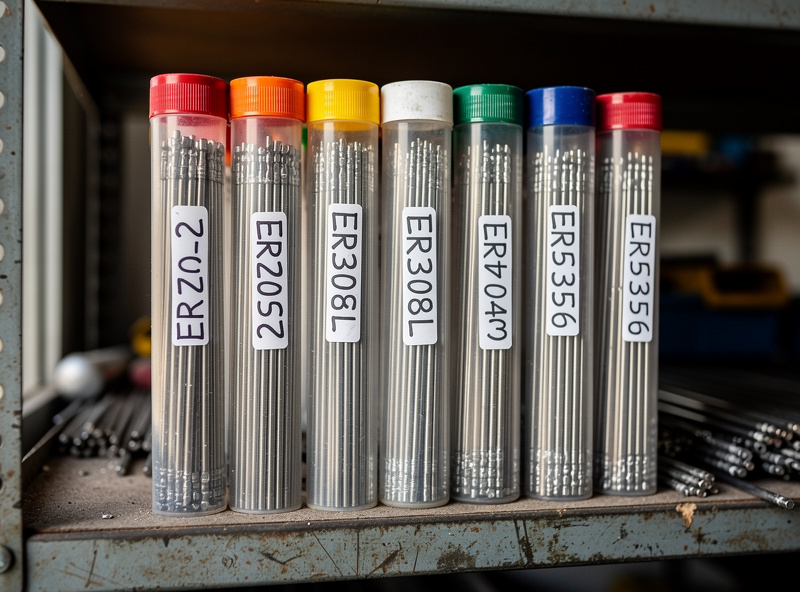 Labeled tubes of TIG filler rod for steel, stainless, and aluminum stored upright on a workshop rod tray