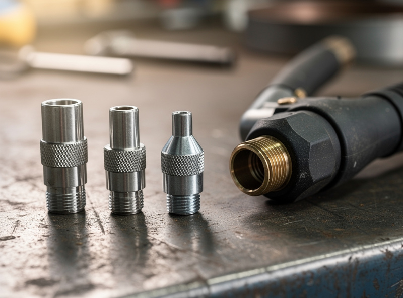 Long, medium, and short TIG back caps shown next to a torch on a workshop bench