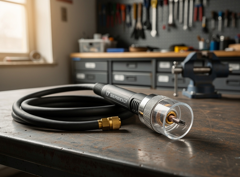 Air-cooled 17-series TIG torch resting on a welding bench with a coiled hose and gas lens fitted