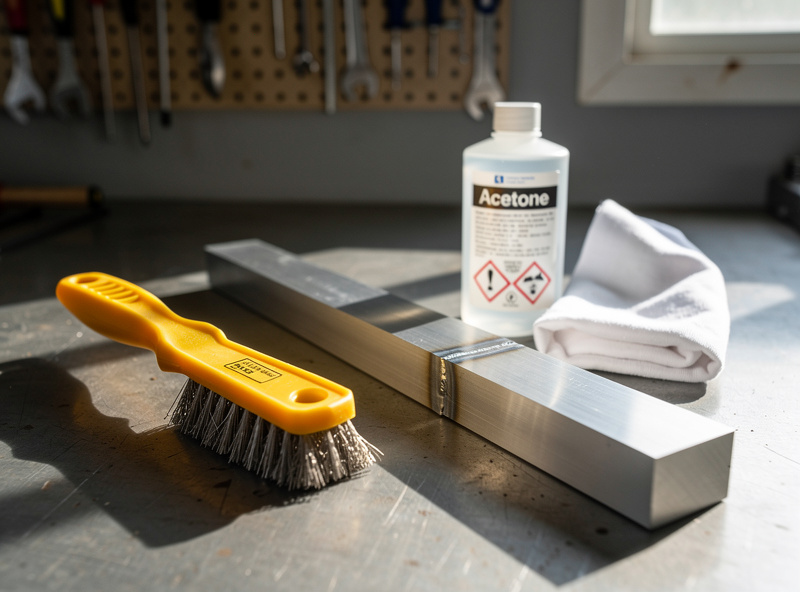 Stainless brush and acetone wipe prepping an aluminum joint before TIG welding on a workshop bench