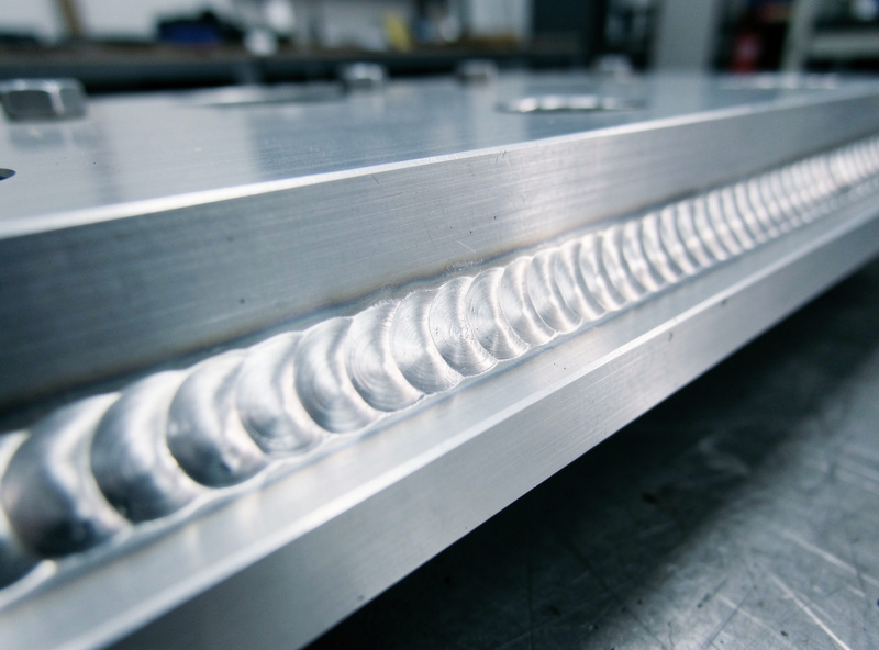 Close-up of a finished aluminum TIG bead with bright stacked ripples on a 6061 bracket