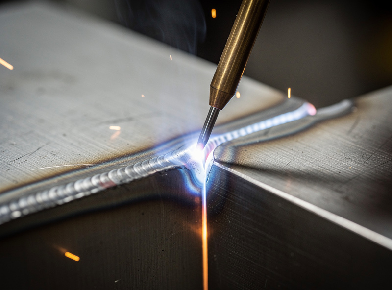 TIG welding a stainless steel butt joint with a tight controlled puddle and light straw heat tint on the bead