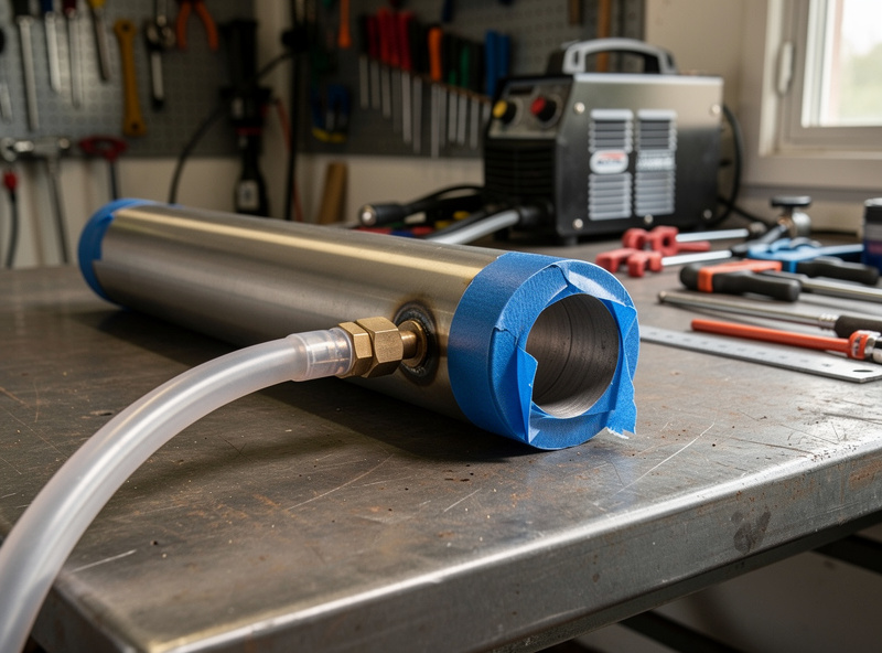 Stainless tube capped with purge dams and an argon backpurge line set up on a workshop bench