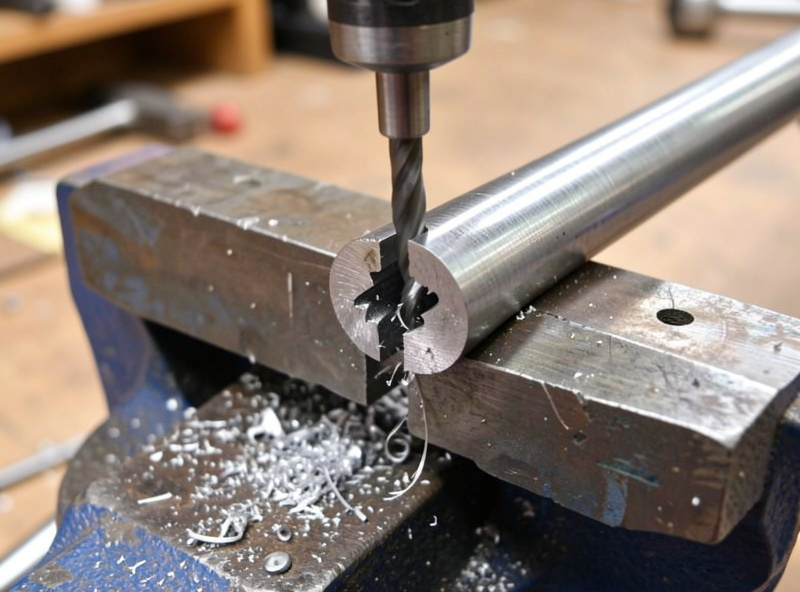 A bi-metal hole saw mounted in a drill press cutting a fishmouth notch into a steel tube held in an angle vise