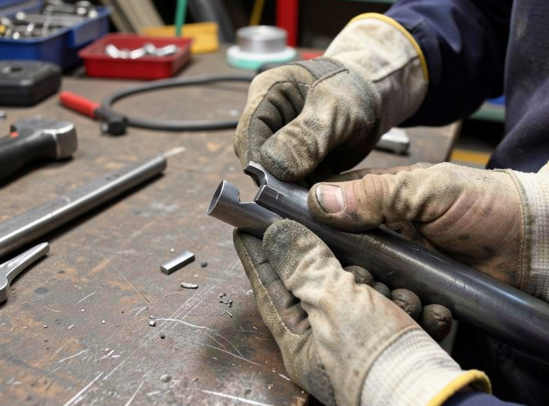 A welder checking a notched tube joint for gaps before clamping it for welding, workshop bench