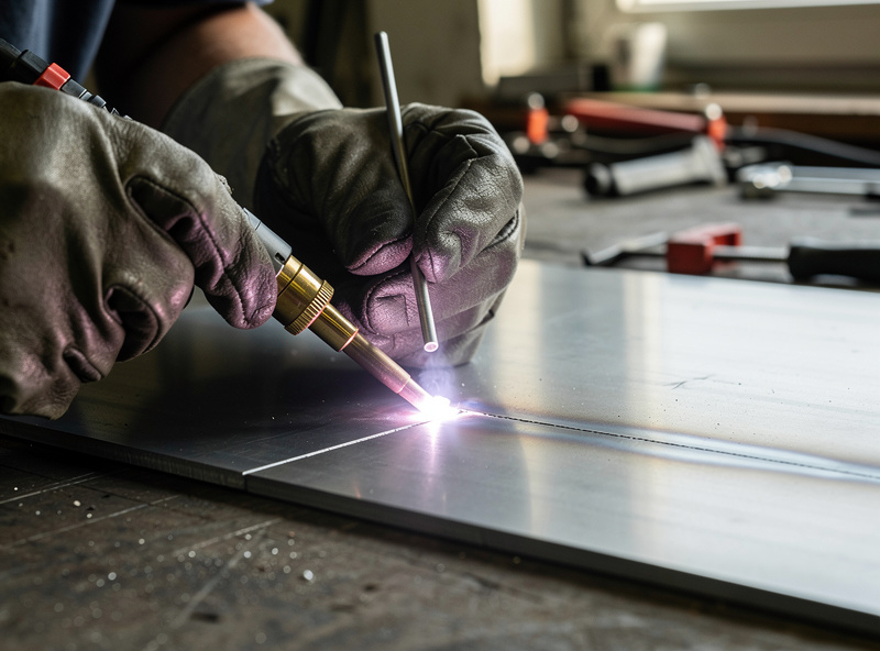 Freehand TIG welding flat steel plate with the welder bracing a pinky on the workpiece for stability
