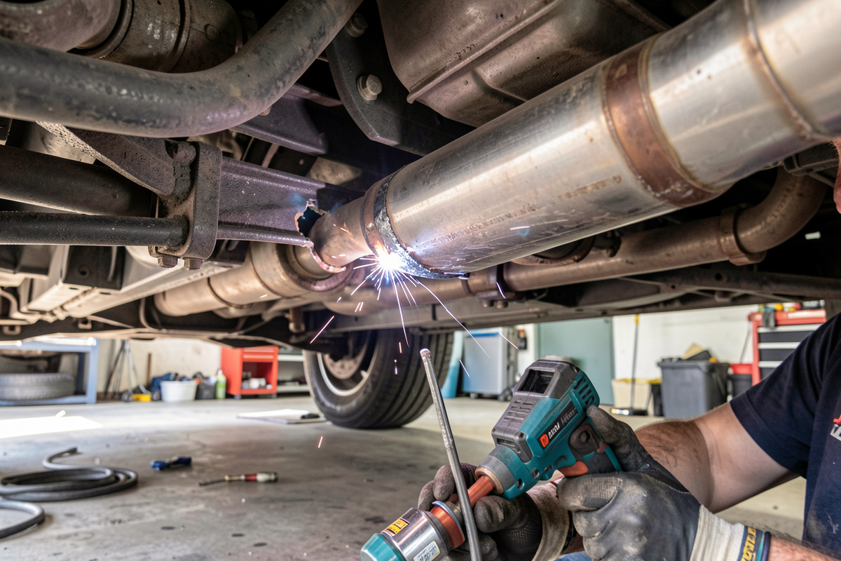 Broken muffler hanger bracket under a car being repaired with a welder