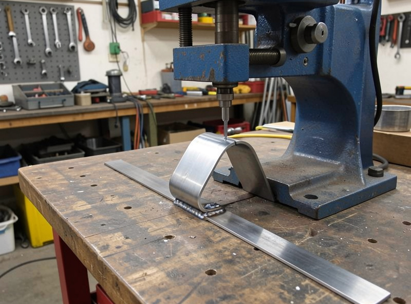 A welded steel strap being folded into a U-shape in a guided bend test fixture