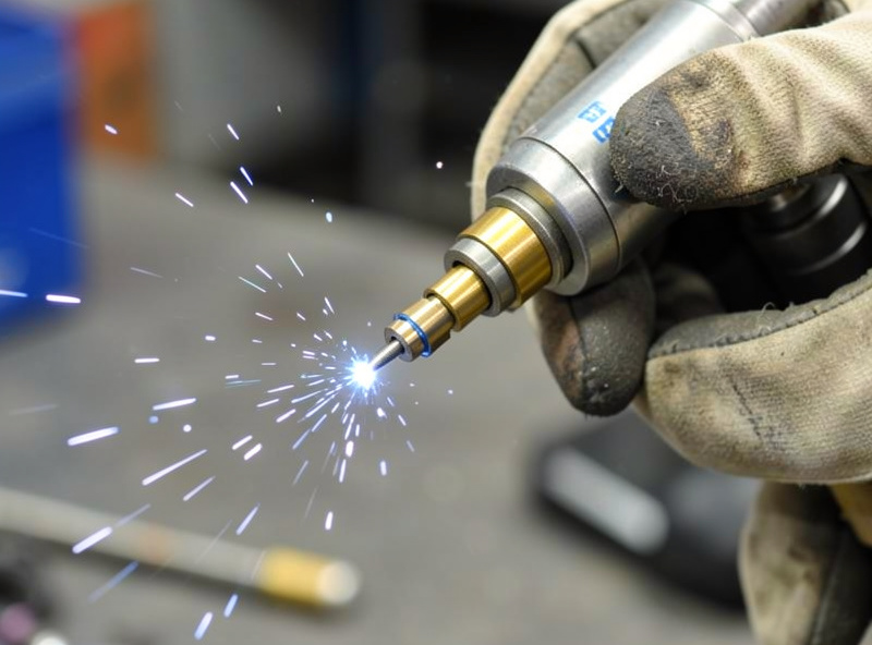 Gloved hand clearing spatter from a MIG welding gun nozzle with a tip reamer