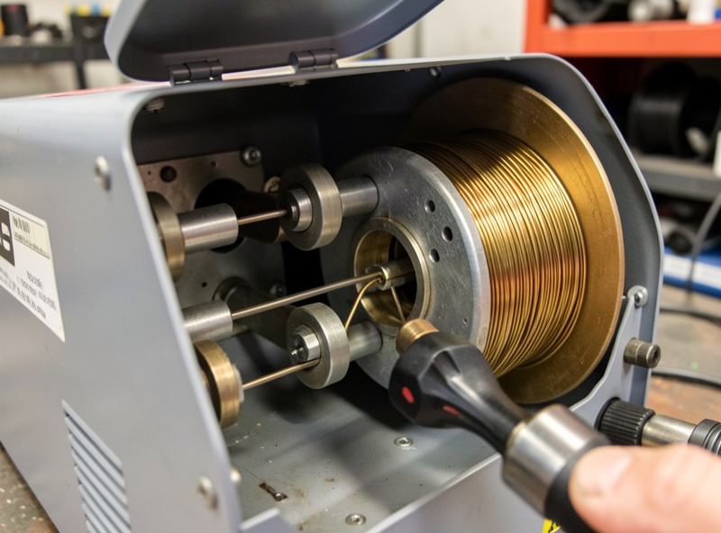 Open MIG welder wire feed compartment showing drive rolls and tension knob being inspected