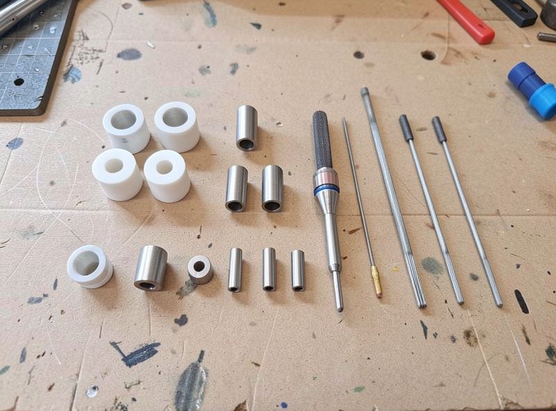TIG torch consumable parts laid out on a workbench: cups, collets, gas lens and tungsten
