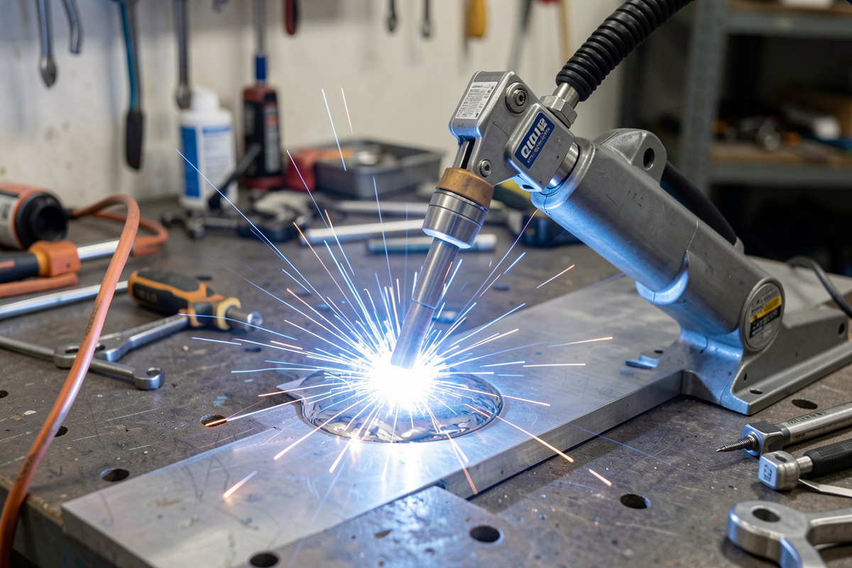 TIG welding aluminum with a bright clean weld puddle on a workshop bench