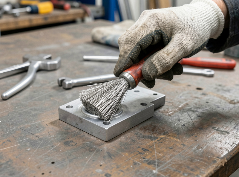 Cleaning an aluminum joint with a dedicated stainless wire brush before welding on a workshop bench